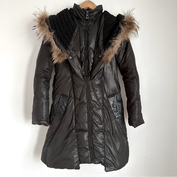 RUDSAK WINTER JACKET COAT Down Insulated Black Leather Trim Raccoon Fur Puffer S - Picture 1 of 12